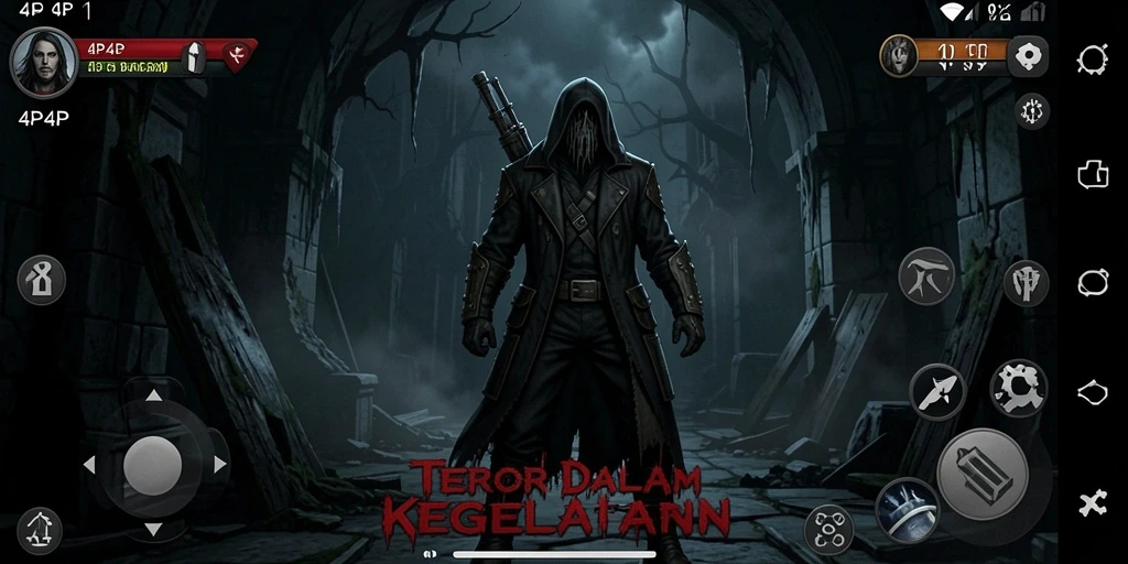 Screenshot gameplay 4P4P yang menampilkan suasana menyeramkan.