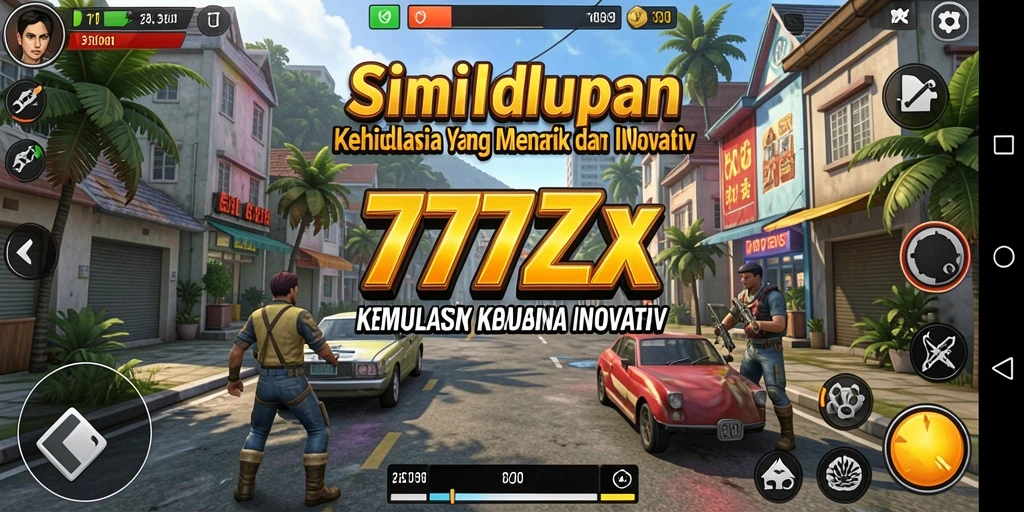 Tangkapan layar menampilkan gameplay interaktif dari 777ZX yang menggambarkan simulasi kehidupan.