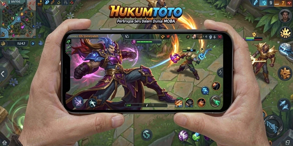Tampilan gameplay seru dalam pertempuran MOBA HUKUMTOTO.