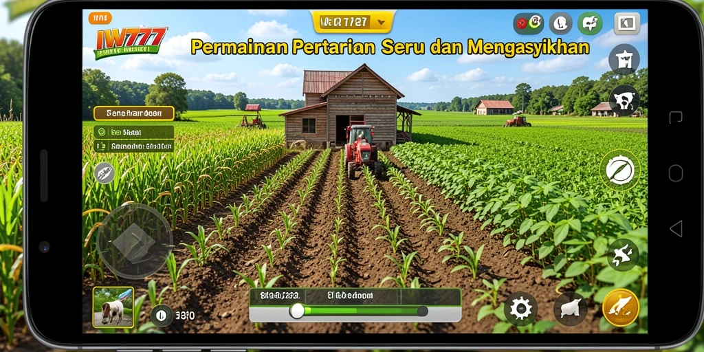 Screenshot gameplay IW777 menampilkan suasana pertanian yang cerah dan penuh warna.
