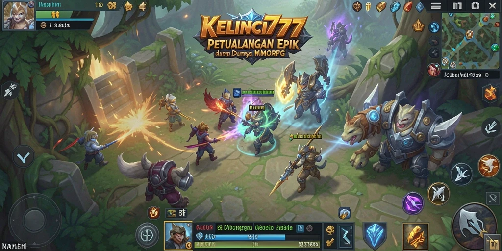 Tampilan gameplay KELINCI777 dengan karakter yang bertempur di dunia fantasi.
