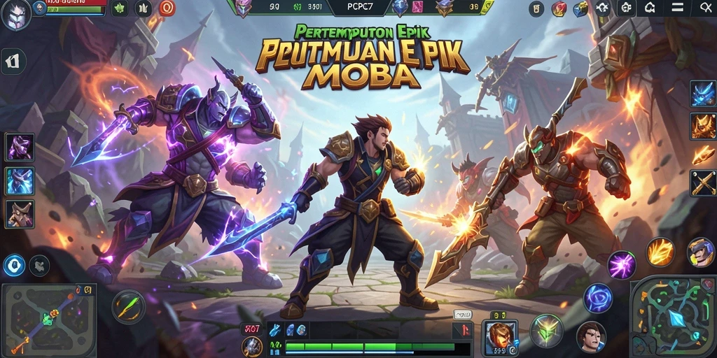 Screenshot gameplay menampilkan aksi seru dalam pertempuran MOBA.